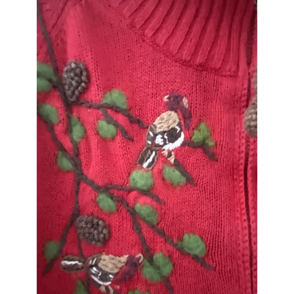 Coldwater Creek Birds & Pine Cones Cardigan Sweater Size 1X Red Embroidered Zip - Picture 2 of 6